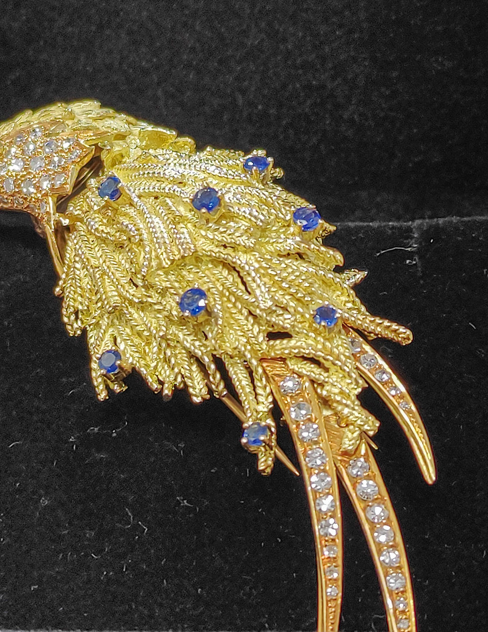 Thumbnail: Handmade 18K yellow gold Indian Ringneck Parakeet brooch with diamonds, sapphires, emerald, and coral. Vintage elegance, 1950