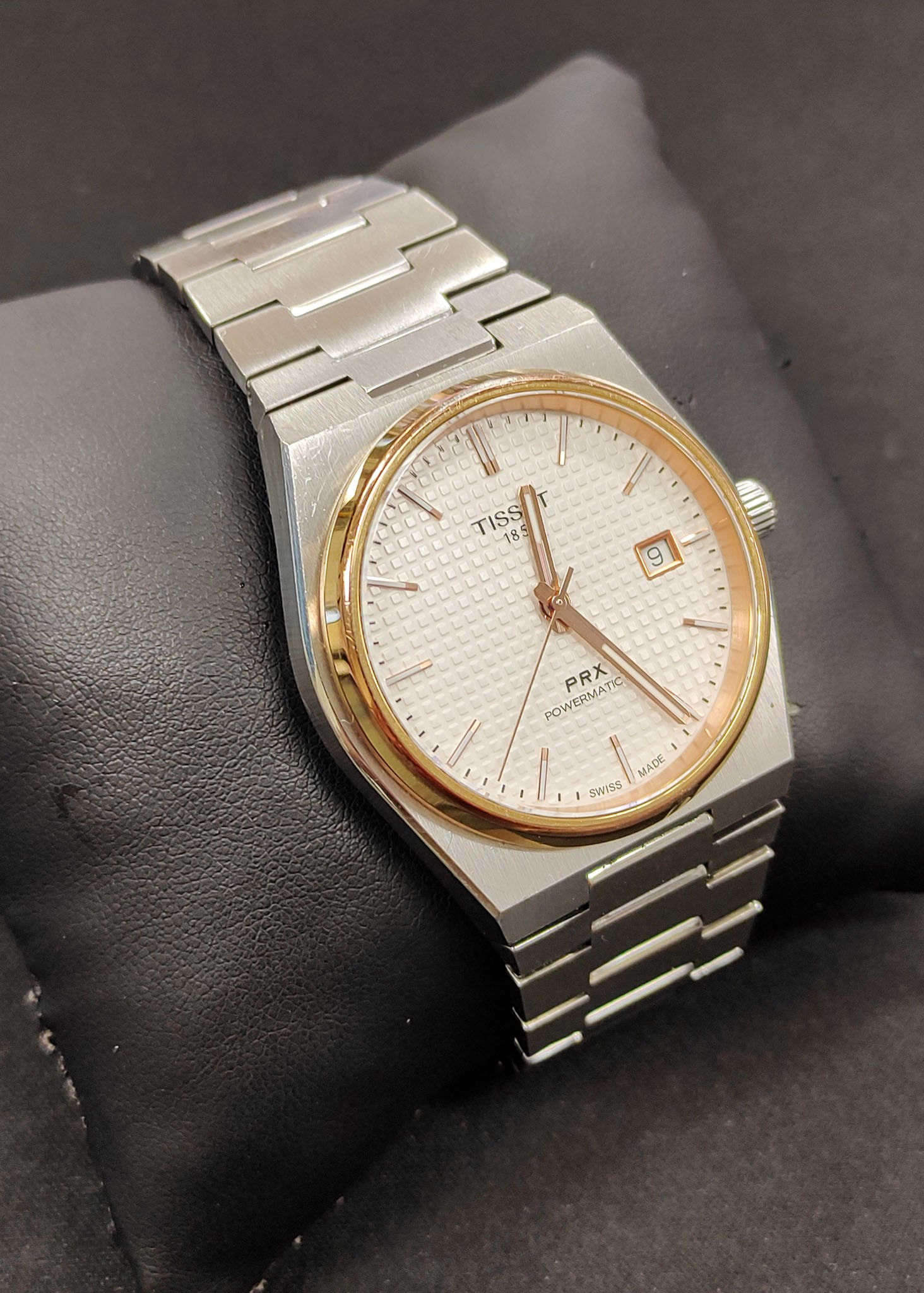 Tissot PRX Powermatic 80 automatic watch with white dial, rose-gold PVD bezel and stainless-steel bracelet
