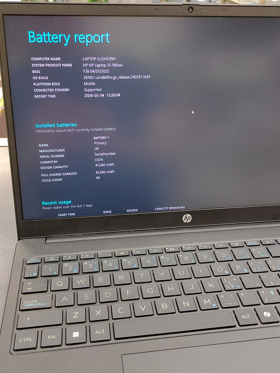 Thumbnail: Black HP 15-fd0078ca laptop in mint condition shown open with clean keyboard, 15.6-inch display, original HP charger, battery