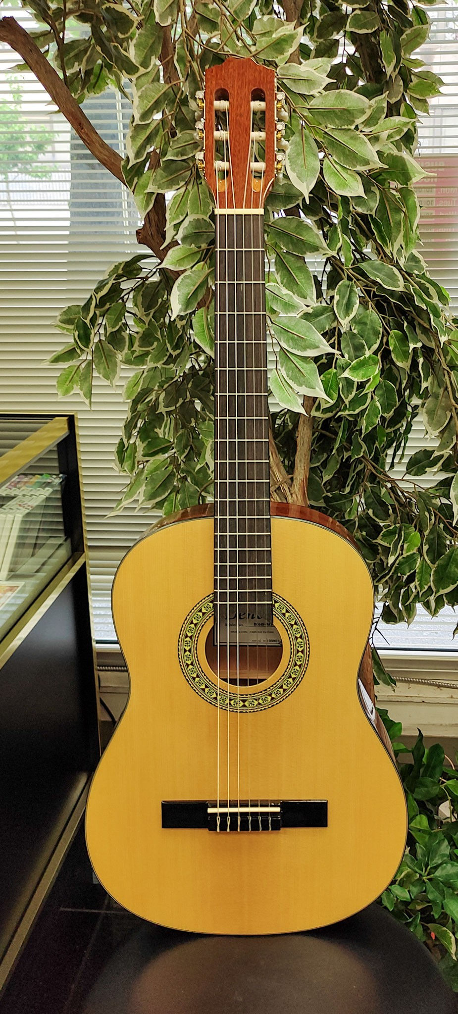 Denver DC44N-NAT natural gloss full-size nylon-string classical acoustic guitar with decorative rosette, slotted headstoc