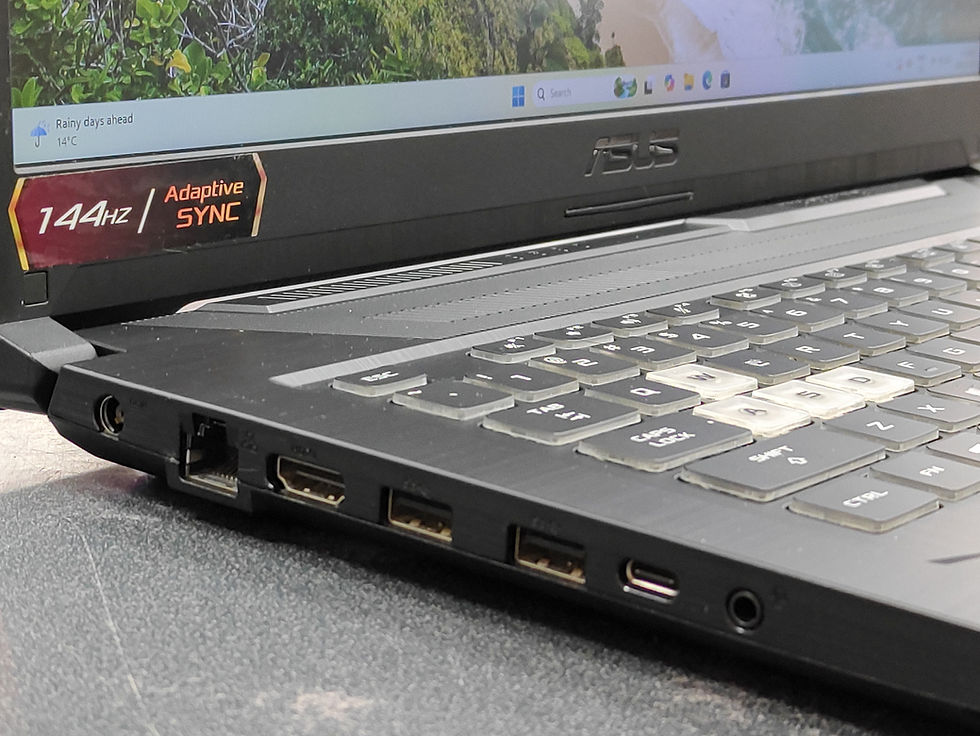 Thumbnail: ASUS TUF F17 17.3″ gaming laptop with 144 Hz display and RGB keyboard; close-up shows worn “C” key legend; original charger p