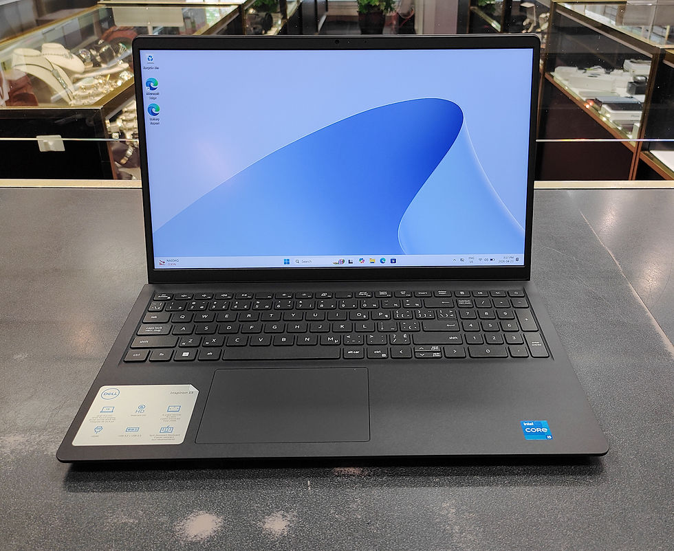 Dell Inspiron 15 3530 black 15.6-inch touchscreen laptop showing Windows 11 screen, keyboard deck, lid, ports, battery report