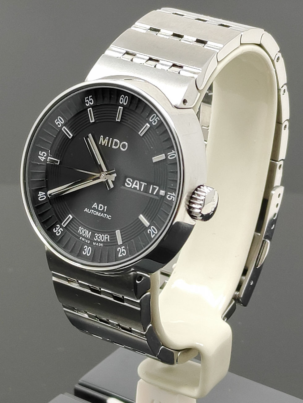 Thumbnail: Mido AD1 Automatic Day/Date Ref. 8330 stainless steel watch with integrated bracelet and black dial new mineral glass crystal