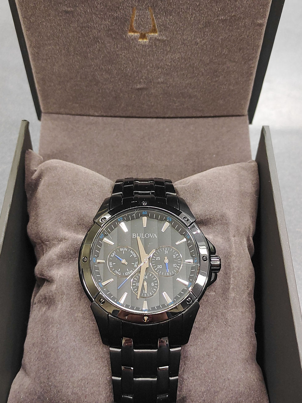 Bulova 98C121 black 43mm multifunction Watch with bracelet, original box, instructions, and warranty paperwork