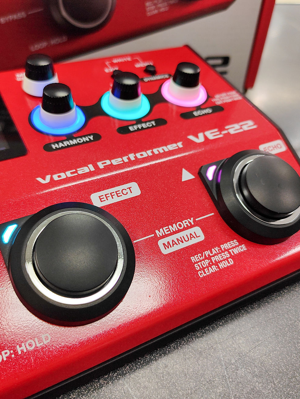 Thumbnail: BOSS VE-22 Vocal Performer red vocal effects processor pedal shown powered on with colour display