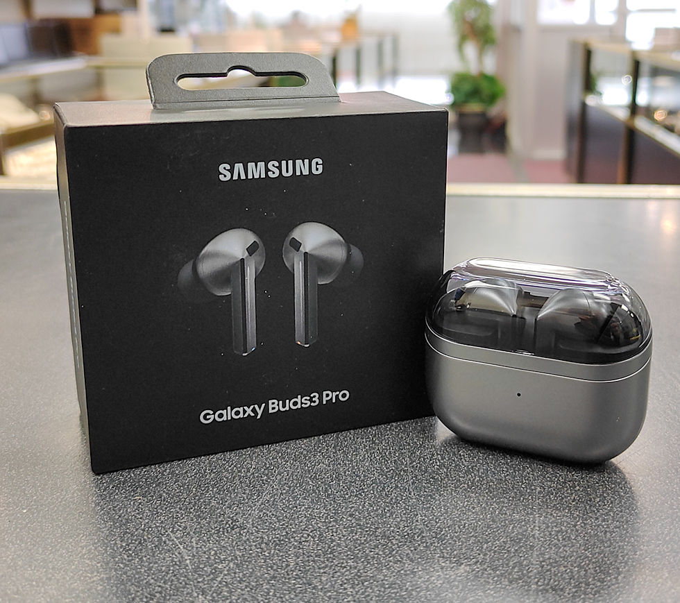 Thumbnail: Samsung Galaxy Buds3 Pro silver wireless earbuds with matching charging case, original box, and charging cable, excellent