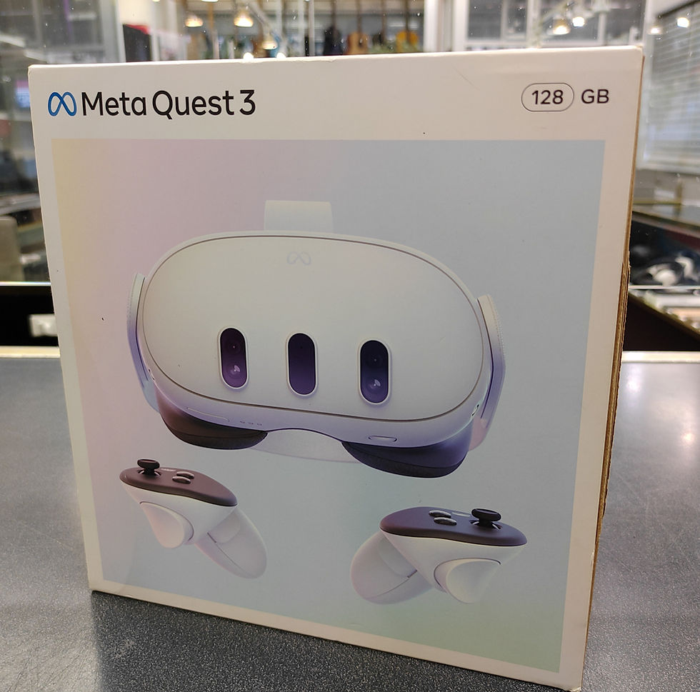 Meta Quest 3 128GB headset with Touch Plus controllers, mint white strap, box, and USB-C cable.