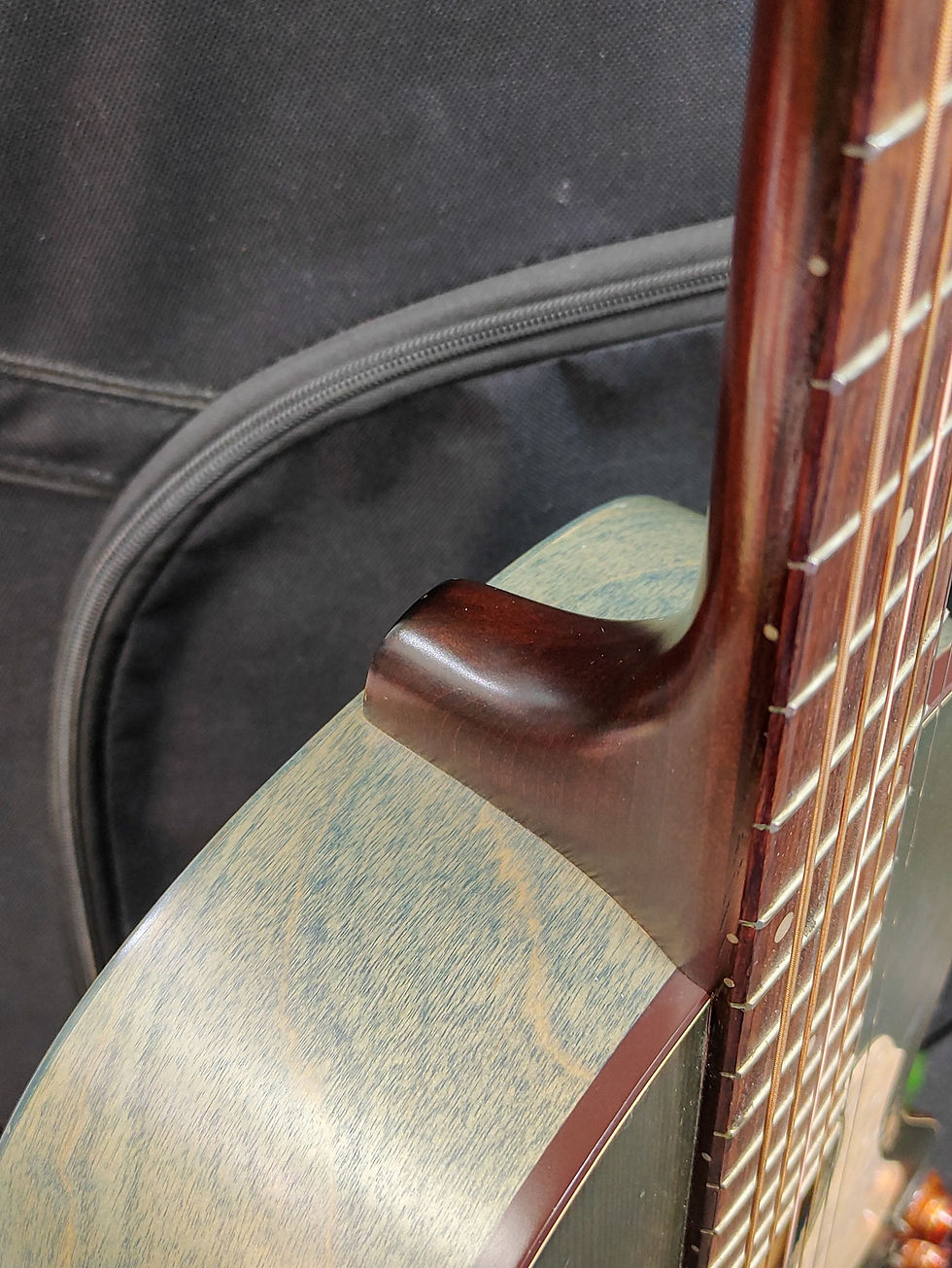 Thumbnail: Art & Lutherie Roadhouse Denim Blue Q-Discrete acoustic-electric parlor guitar with padded gig bag, showing body, neck, head