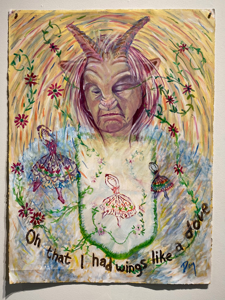 Day Wheeler, drawing of goat woman with bib, oil on paper
