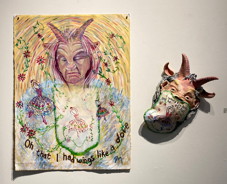 Day Wheeler, oil on paper drawing, earthenware mask painted in acrylic