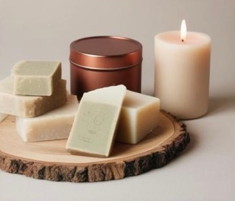 Relaxing bath setup with handmade candles and natural soap products surrounded by a natural background and the Gemini Ivy Logo