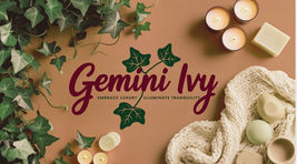 Relaxing bath setup with handmade candles and natural soap products surrounded by a natural background and the Gemini Ivy Logo
