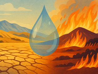 Illustration showing cracked desert ground and a burning hillside divided by a large translucent water droplet—symbolizing Southern California’s twin threats of drought and wildfire