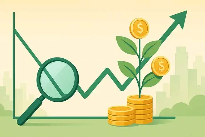 Illustration of a rising green line graph, magnifying glass, and a coin-bearing plant sprouting from stacked coins—symbolizing smart investing and tax-loss harvesting.