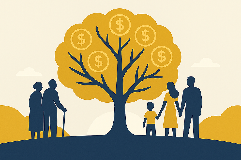Illustrated scene showing an elderly couple and a young family standing on either side of a large tree whose leaves are gold coins; icons of a shield and legal document hang in the branches, symbolizing protection and estate-planning strategies to preserve family wealth across generations.