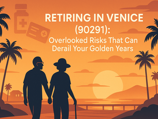 Retired couple holding hands at sunset on Venice Beach, palm trees silhouetted, healthcare icons overhead, headline reads “Retiring in Venice 90291 – Overlooked Risks That Can Derail Your Golden Years.