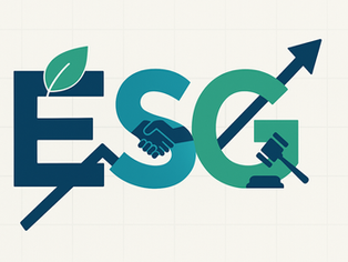 Illustration showing “ESG” letters with a leaf, handshake, and gavel blending into an upward-pointing stock-chart arrow—visualising an ESG integration strategy that targets strong returns without performance drag.