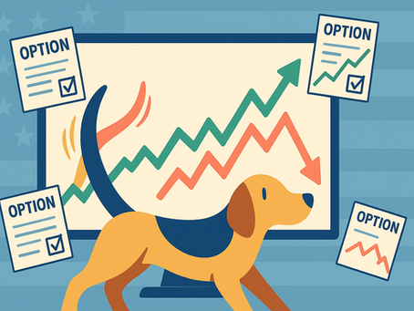Illustration of a dog’s wagging tail pushing up and down lines on a stock-chart monitor, surrounded by floating option contract icons, symbolizing options driving stock prices.