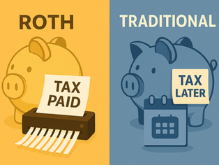 Illustration of two piggy banks side-by-side: a golden “ROTH” piggy bank on a yellow background with a “TAX PAID” slip going into a shredder, and a blue “TRADITIONAL” piggy bank on a blue background beside a calendar displaying a sticky note that reads “TAX LATER,” visually contrasting taxes paid now versus later.