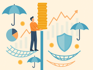 Illustration of an investor steadying a tall stack of coins while umbrellas, safety nets, charts, and a shield surround him, symbolizing protection and diversification of concentrated stock risk.