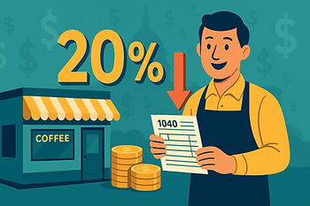 Illustration of a smiling small-business owner outside a coffee shop holding IRS Form 1040 next to a bold “20 %” and downward arrow, symbolizing Section 199A qualified business income (QBI) deduction and pass-through tax savings.