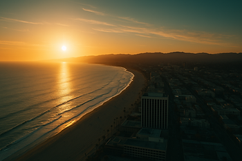 Golden sunset over beach and city