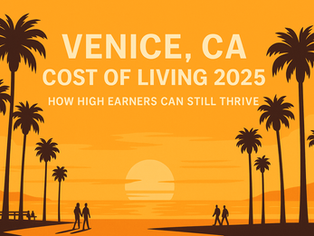 Horizontal vector illustration of Venice Beach at sunset, with palm-tree silhouettes, a golden sky, small figures walking along the promenade, and bold white headline text that reads “Venice, CA Cost of Living 2025 – How high earners can still thrive