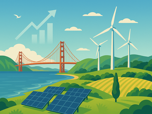 Illustration showing the Golden Gate Bridge beside rolling green hills with solar panels in the foreground, wind turbines on the ridges, and a faint upward arrow in the sky symbolizing growth in sustainable investing