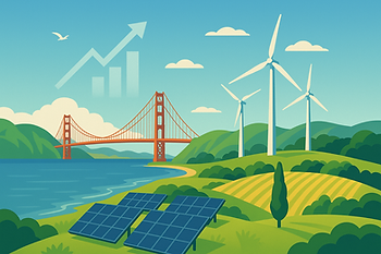 Illustration showing the Golden Gate Bridge beside rolling green hills with solar panels in the foreground, wind turbines on the ridges, and a faint upward arrow in the sky symbolizing growth in sustainable investing.