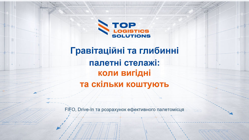 Гравітаційні та глибинні палетні стелажі на складі: канали для щільного зберігання й ротації палет.