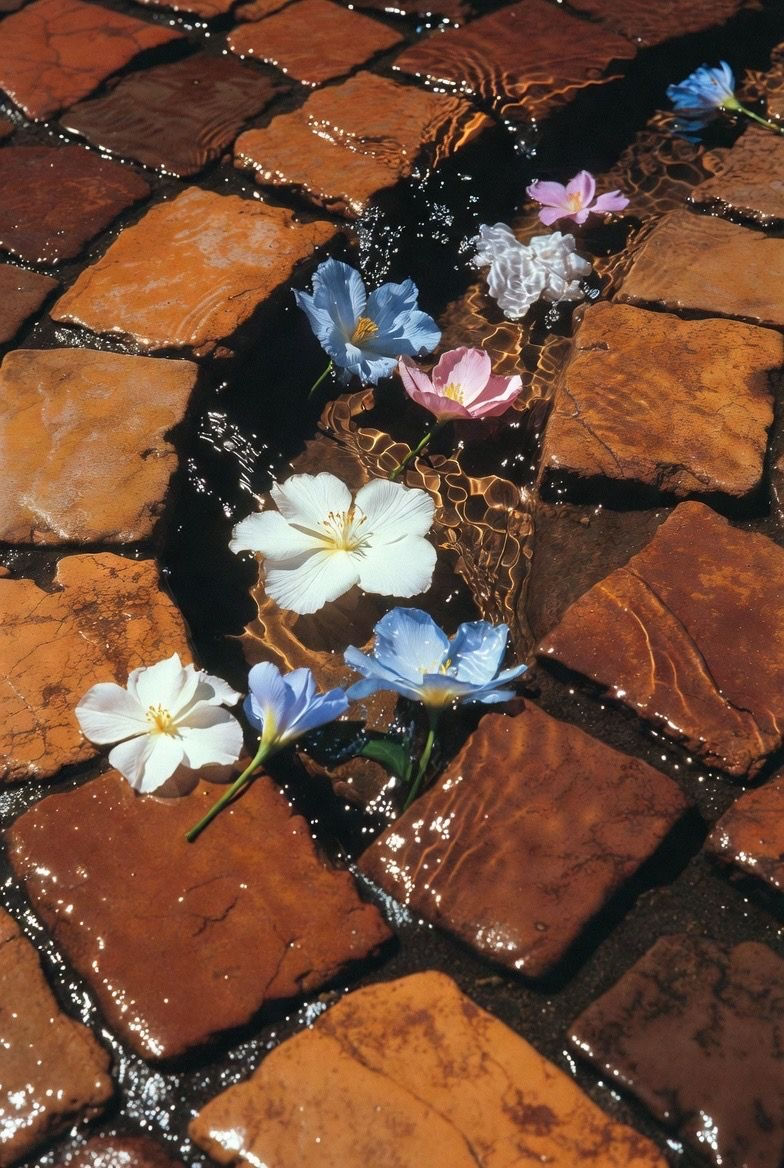 Blüten auf Wasseroberfläche einer kleinen und klaren Wasseransammlung.
