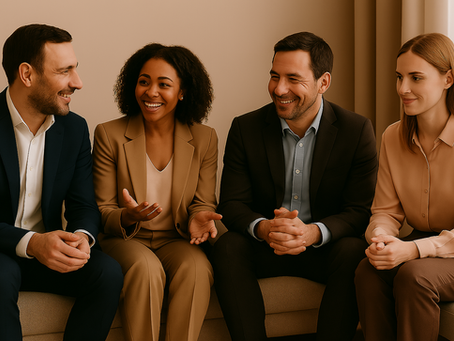 Four business people seated and engaged in connected conversation - no devices in sight
