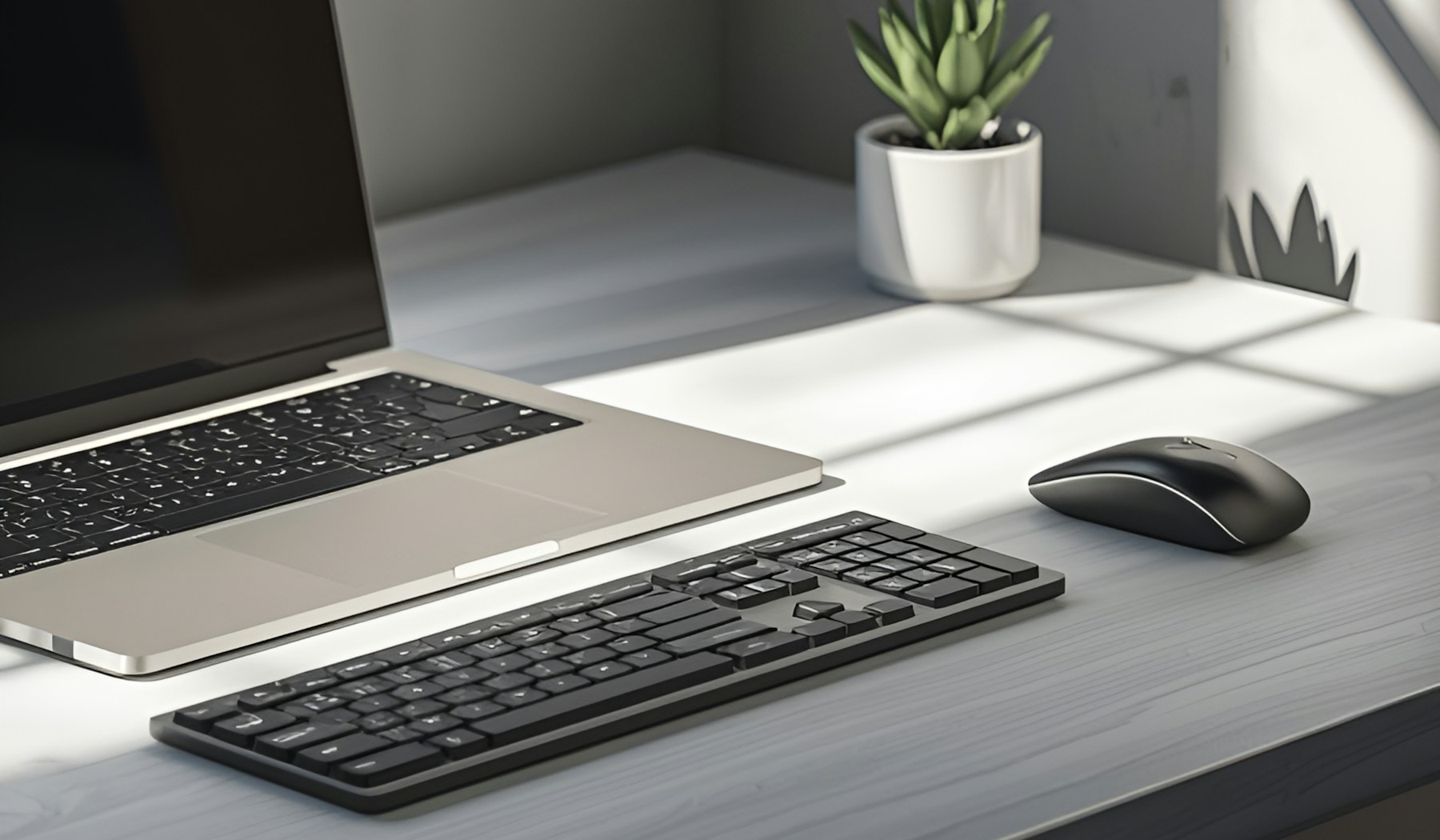 Sunlit modern desk with a laptop, keyboard, mouse and plant, illustrating everyday AI use at work.