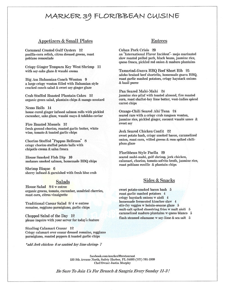Marker 39 Floribbean Cuisine Menus