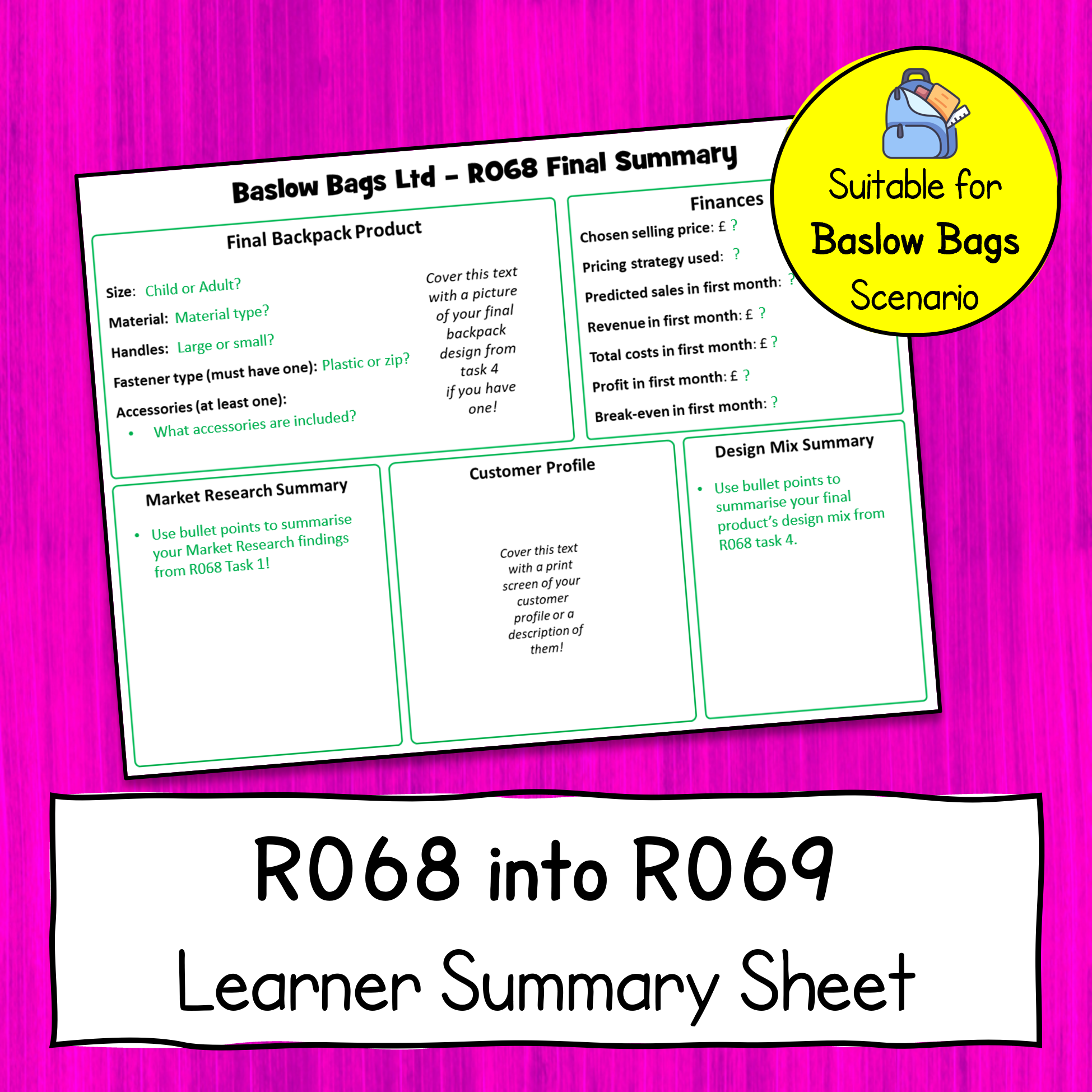R068 to R069 Learner Summary Sheet (Baslow Bags)