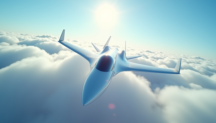 High angle view of a supersonic jet cruising above clouds
