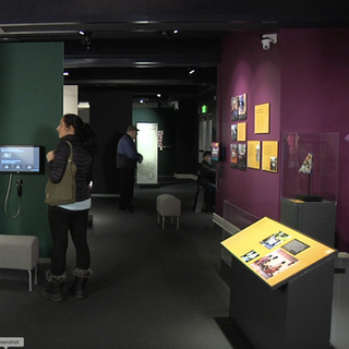 Gold text panels on dark green and magenta walls