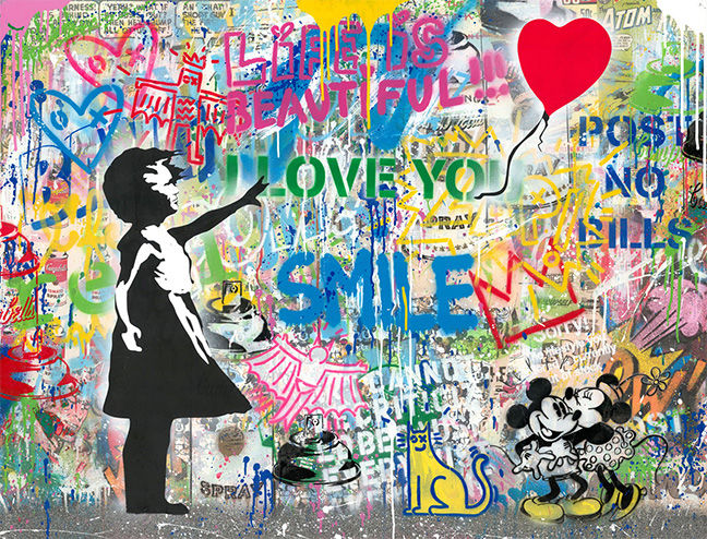 Mr. Brainwash, Balloon Girl, 2022, silkscreen and mixed media on paper, 50 x 38 in