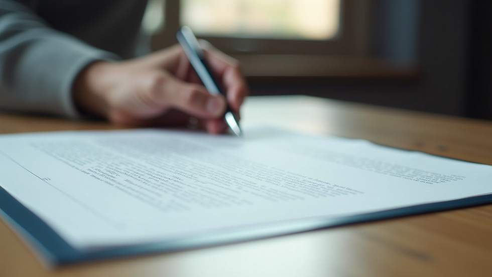 Close-up view of a contract document with a pen on a wooden desk