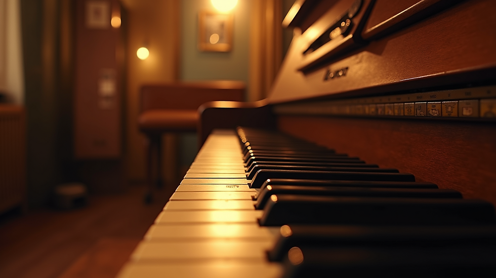 Eye-level view of a vintage piano keyboard in a jazz studio