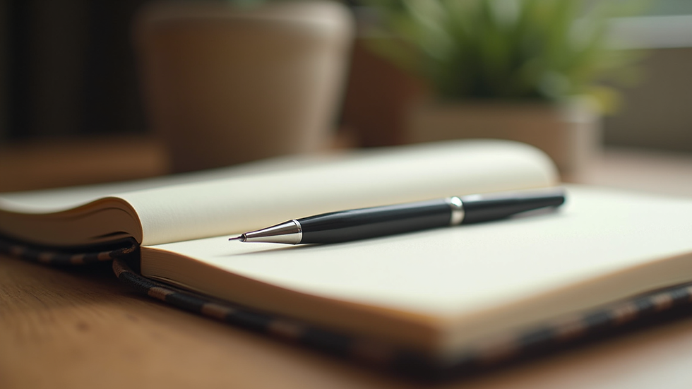Close-up view of a meditation journal and pen on a wooden table