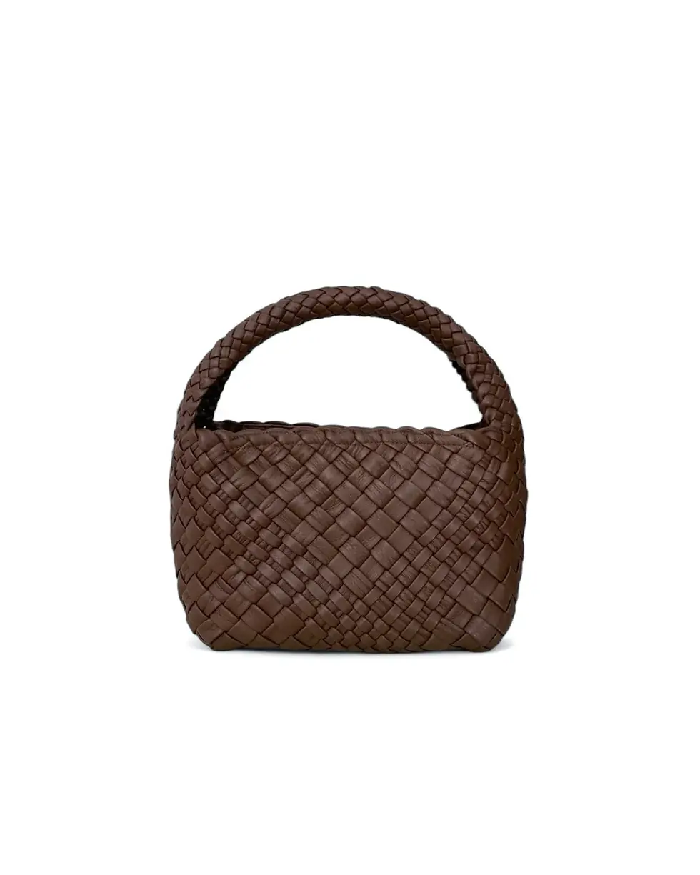 Thumbnail: Front View Of A Brown Woven Leather Top Handle Bag