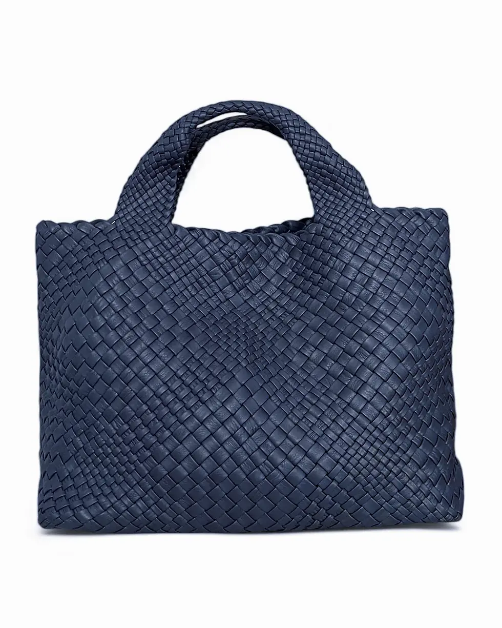 Thumbnail: Front view of a woven navy leather tote bag
