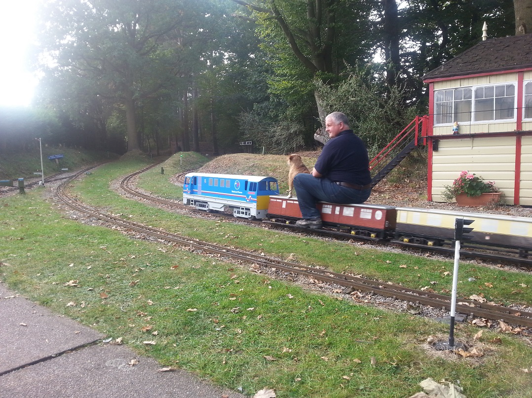 The blue 5 inch model on a curved raised railway at Derby, 28 September 2014.