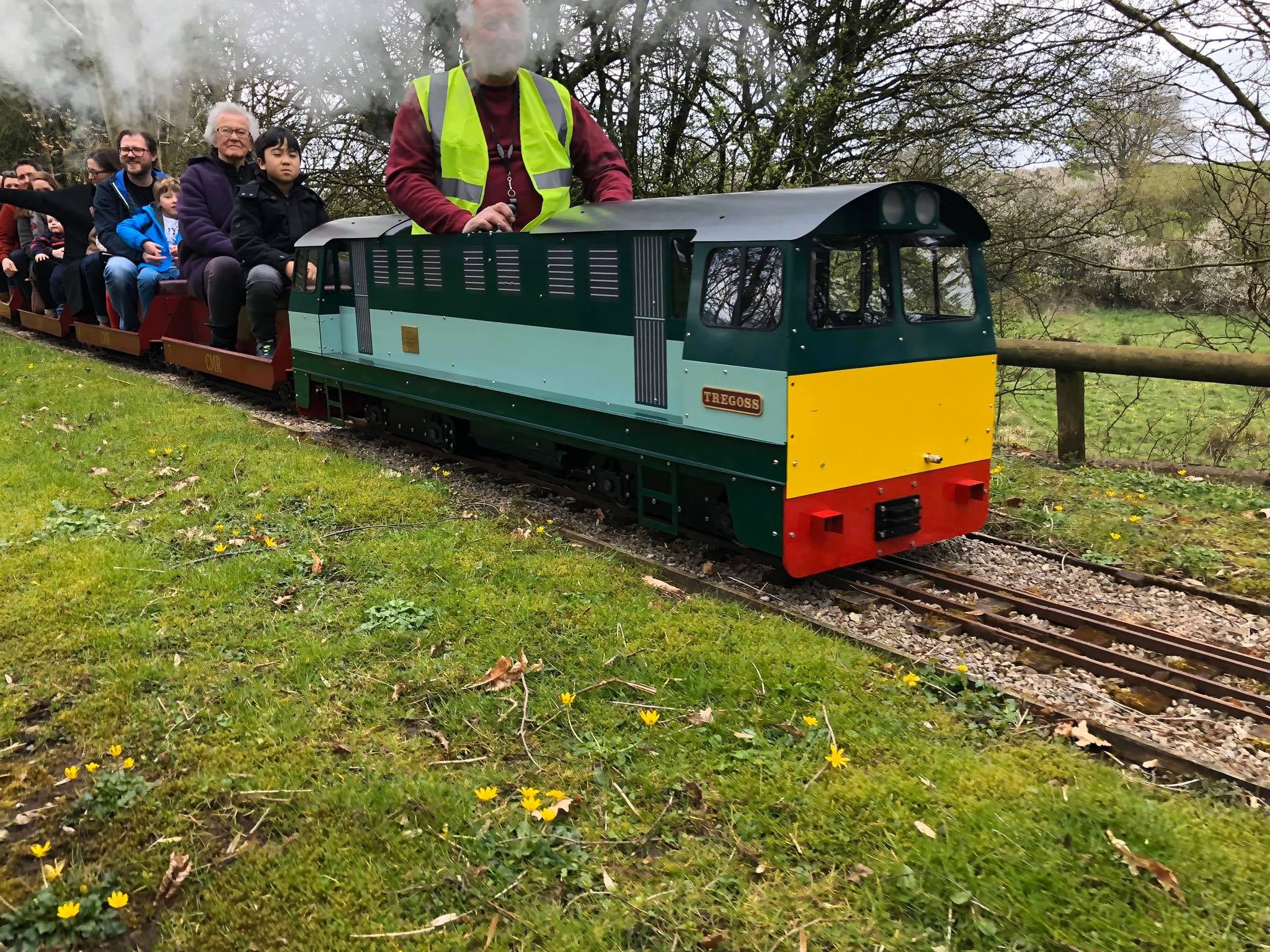 The finished green 7¼ inch Vale of Ffestiniog, named Tregoss, hauling passengers. Phoenix photo archive.