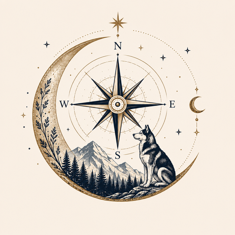 Moon & Compass illustration with compass, crescent moon, mountains, forest, and husky on a warm ivory background
