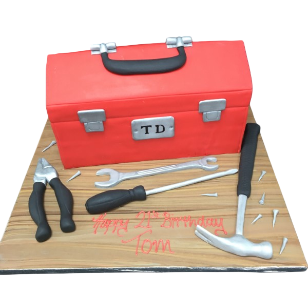 A unique toolbox-shaped novelty cake perfect for DIY enthusiasts. Customisable design for birthdays or special occasions. Expertly crafted with intricate details. Ideal for those who love tools and creativity.