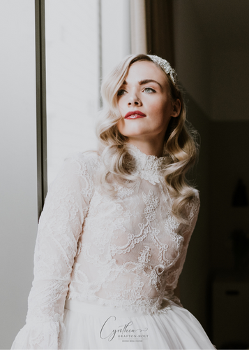 Two piece wedding dress cropped top lace long sleeve with high collar