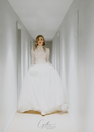 Two piece wedding dress cropped top lace long sleeve with high collar |  Cynthia Grafton-Holt