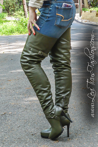 URBAN RUSTIC KHAKI GREEN LEATHER THIN HIGH-RIZE THIGH BOOTS